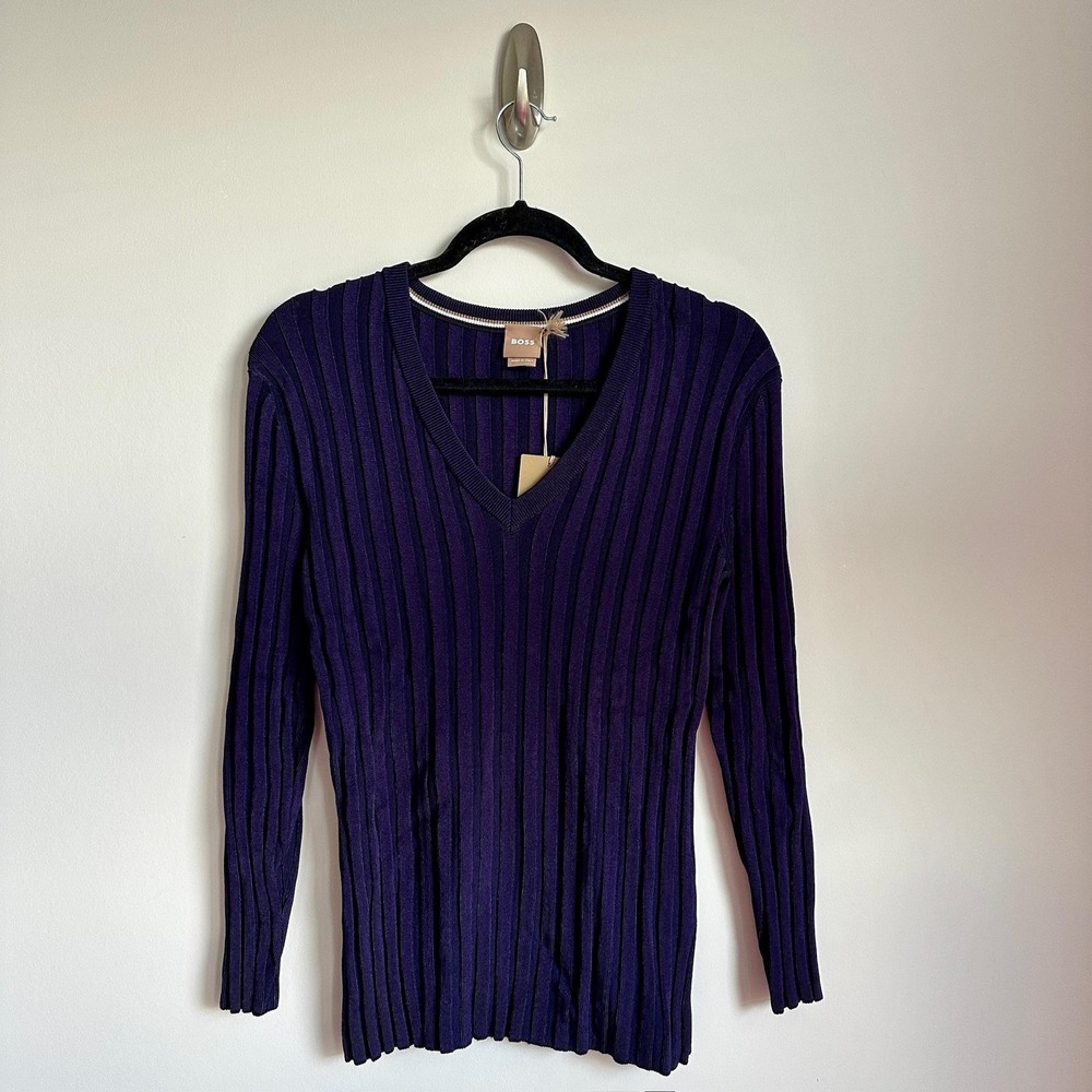 Boss Hugo Boss Sweater Womens S Purple Ribbed V-Neck Made‎ in Italy NWT